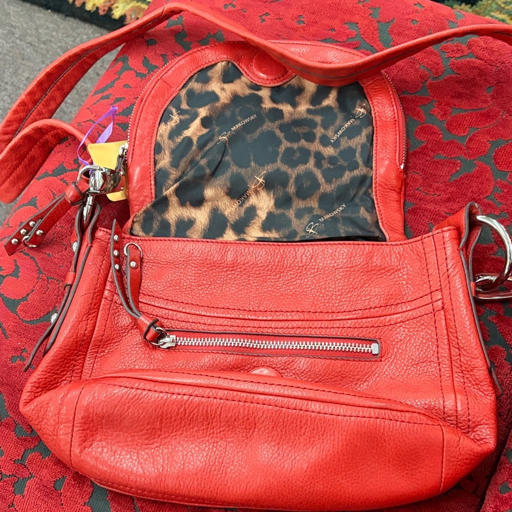 Red Leather Shoulder Bag with Leopard Interior - Unknown Brand